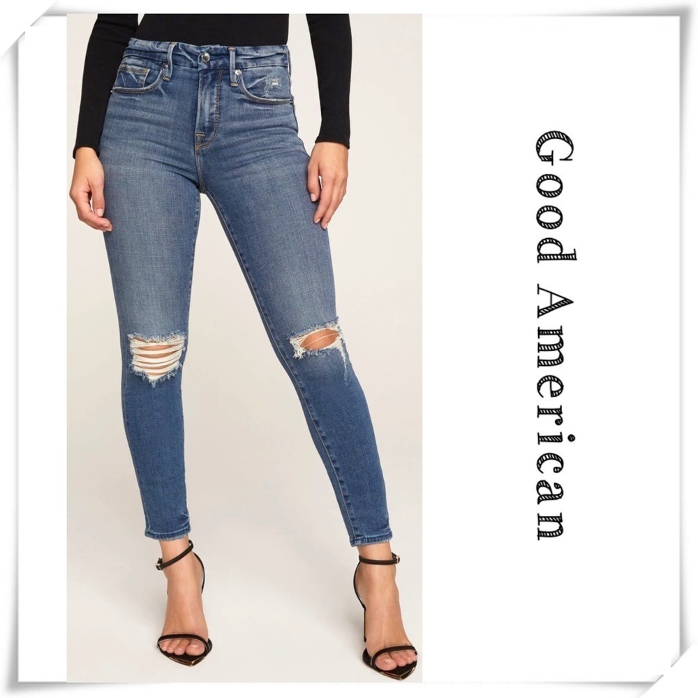 𝅺GOOD American Good Legs Crop Knees distressed Jeans GLC103T